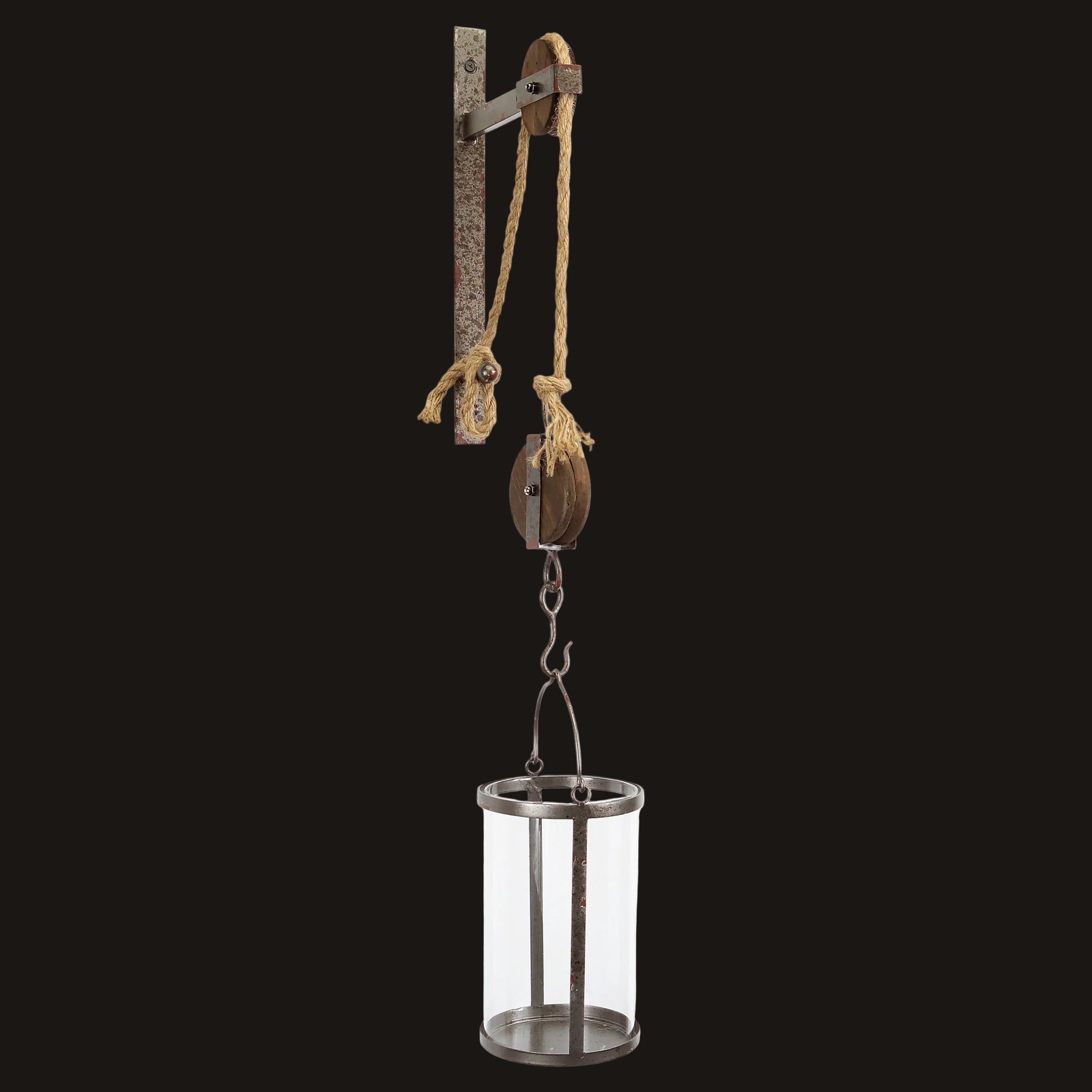 Decorative pulley system with glass container on a white background