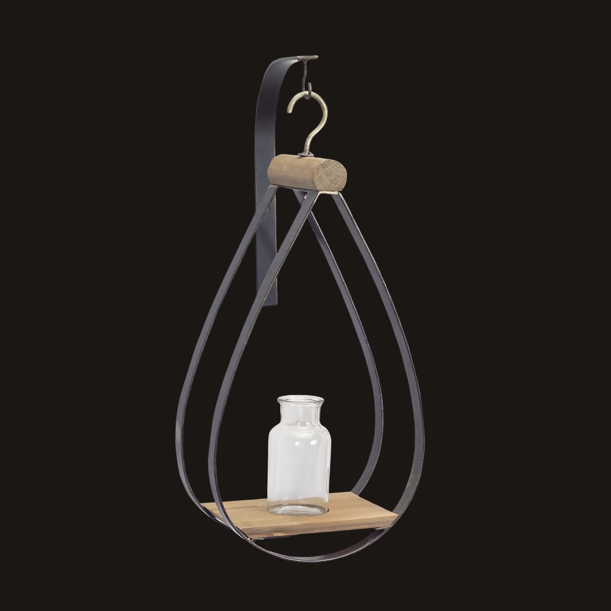 Hanging shelf with glass bottle on a white background