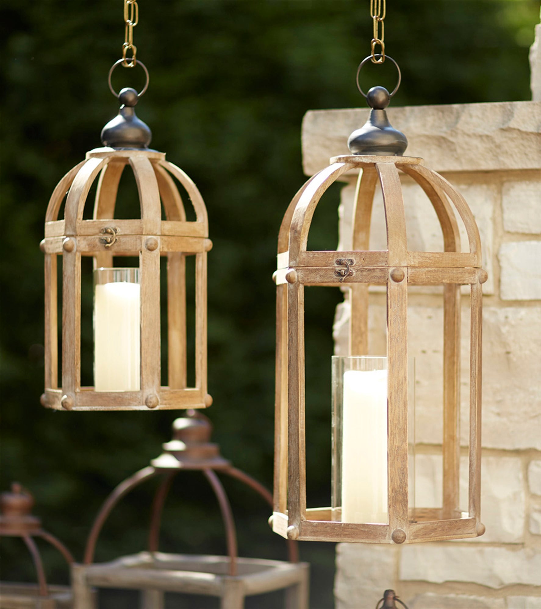 Open wood lanterns with glass hurricane — set of 2