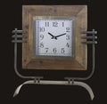 Decorative clock with wooden frame and metal accents on a white background