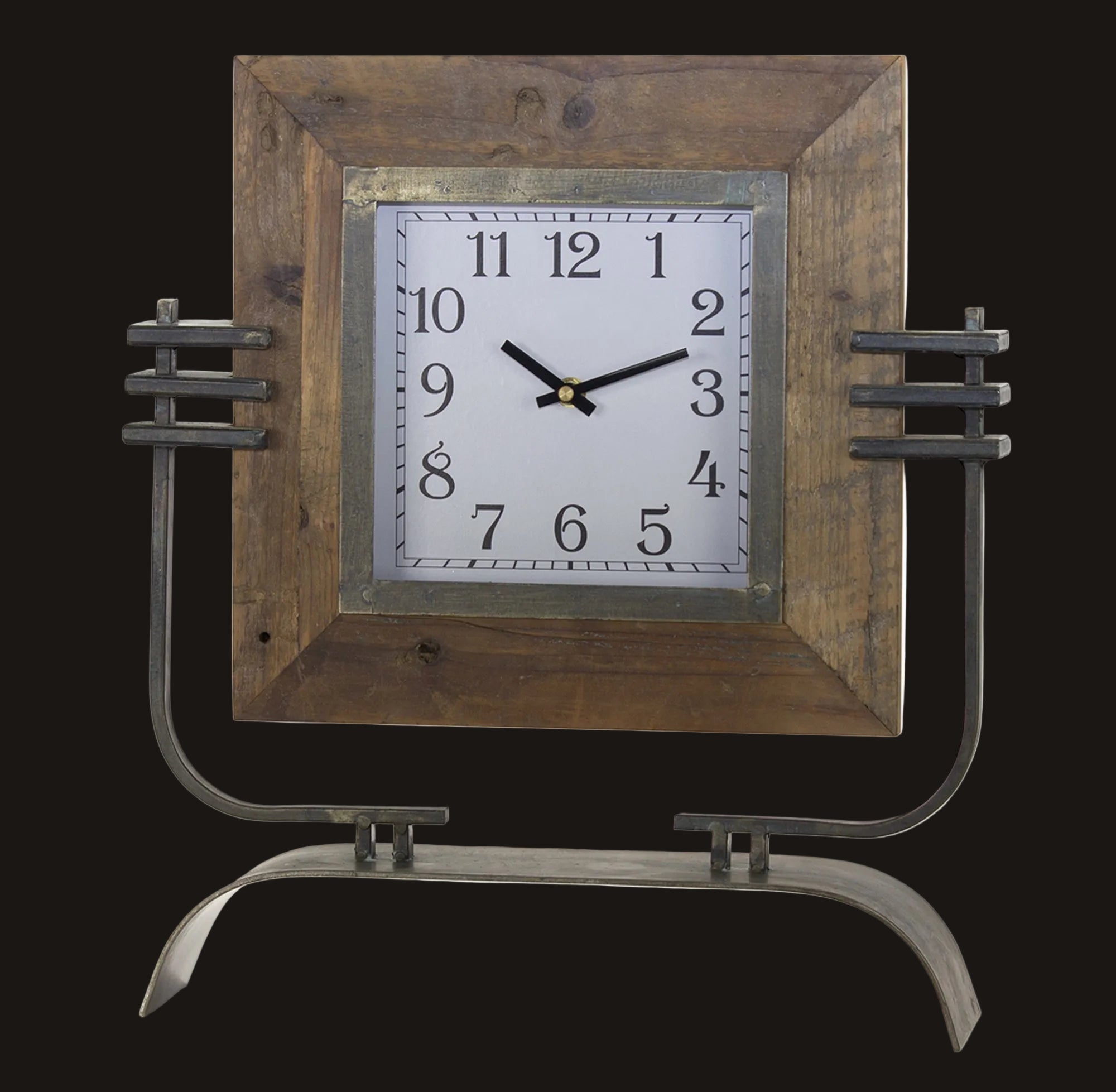 Decorative clock with wooden frame and metal accents on a white background