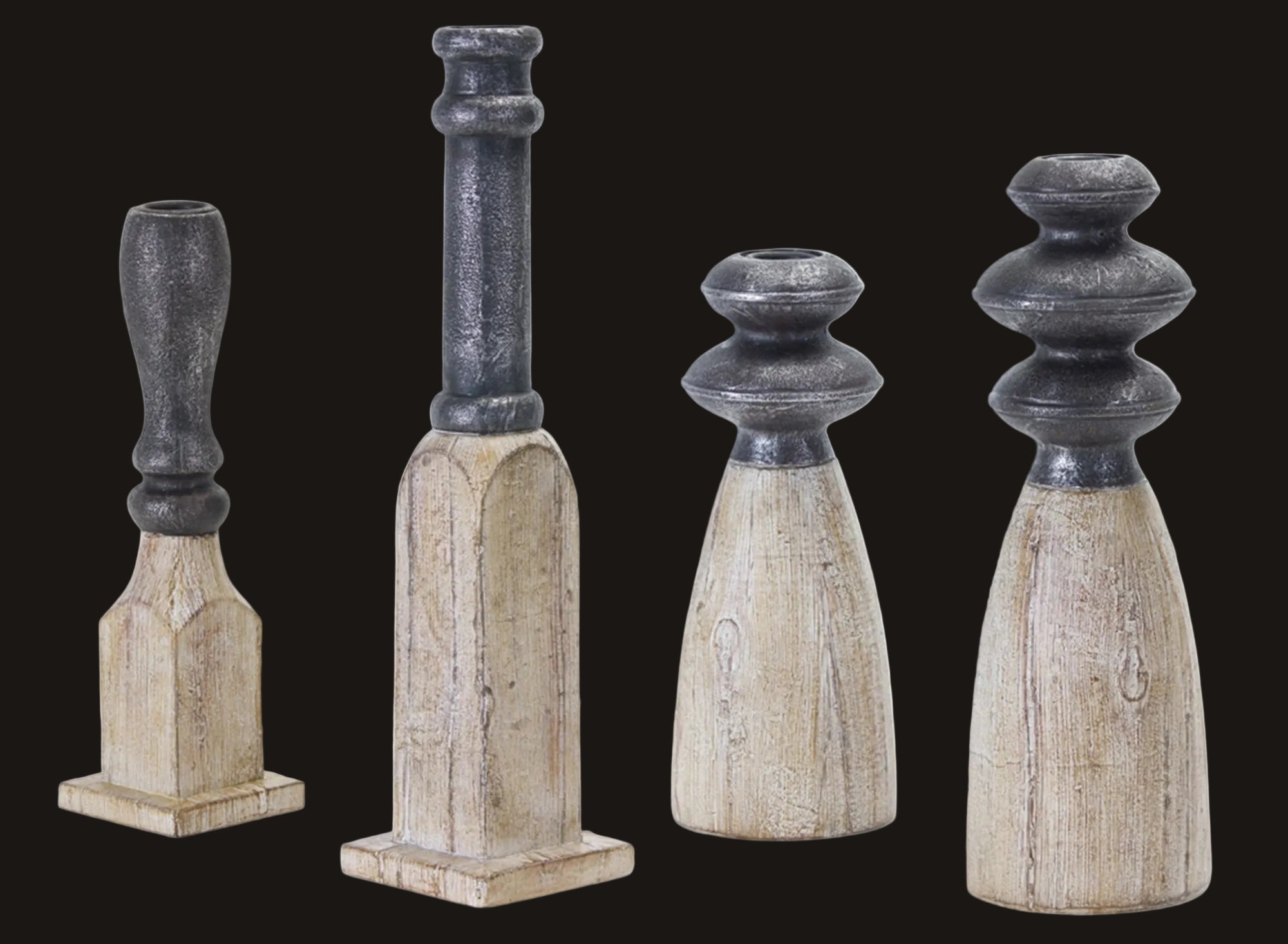 Set of four rustic candle holders with varying designs on a white background