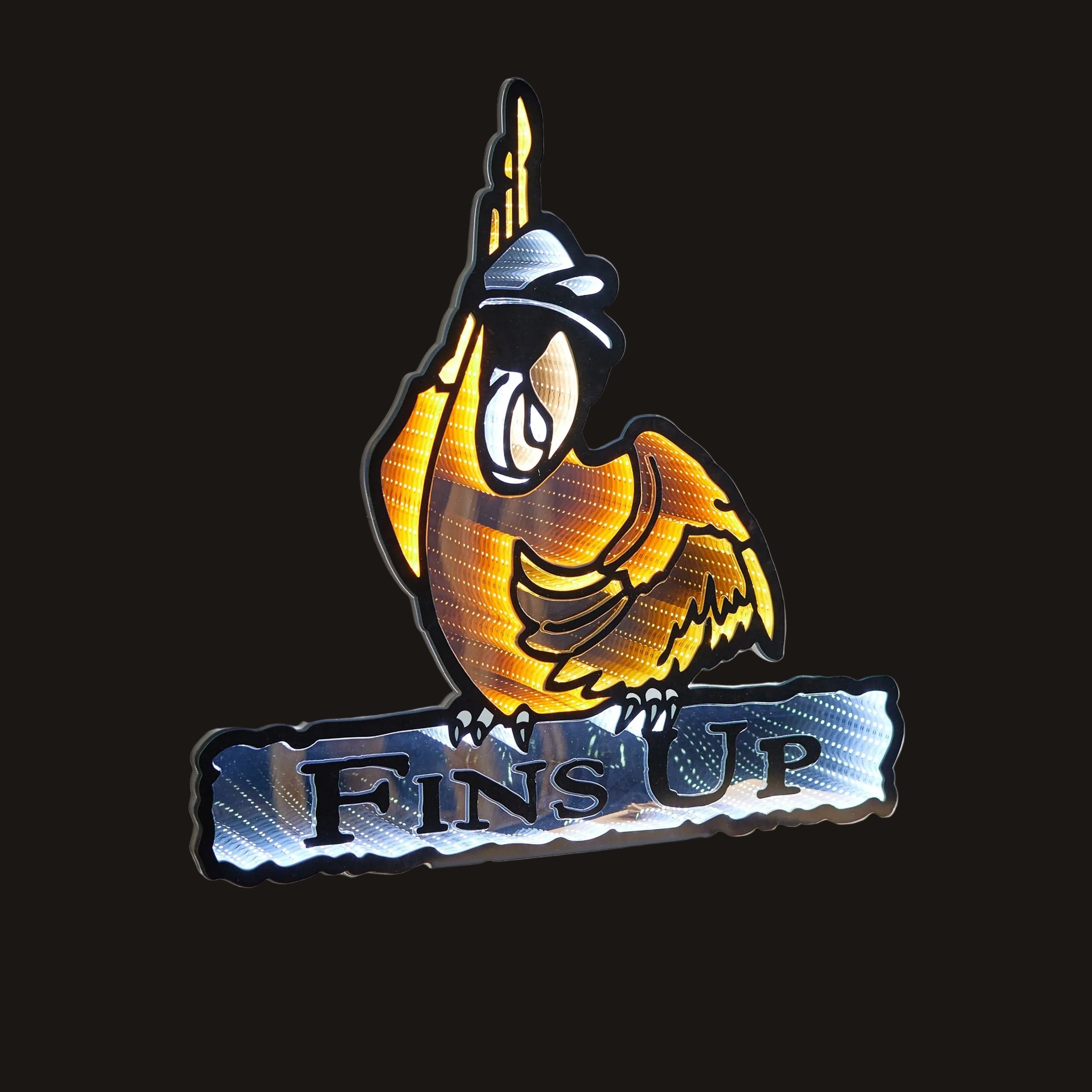 Decorative sign with a bird design and 'FINS UP' text on a white background