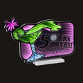Neon sign with a cocktail graphic and '5 o'clock somewhere' text on a white background