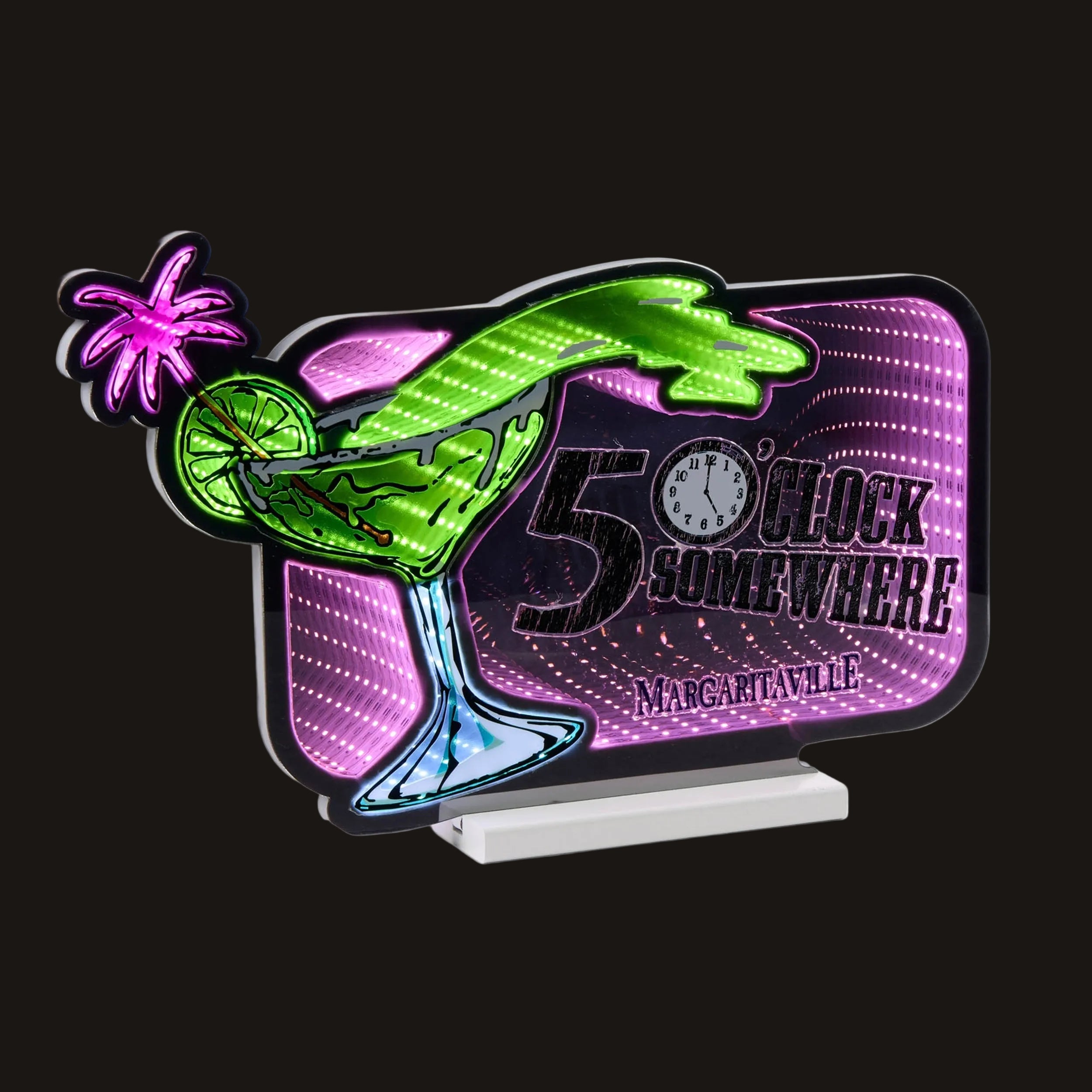 Neon sign with a cocktail graphic and '5 o'clock somewhere' text on a white background
