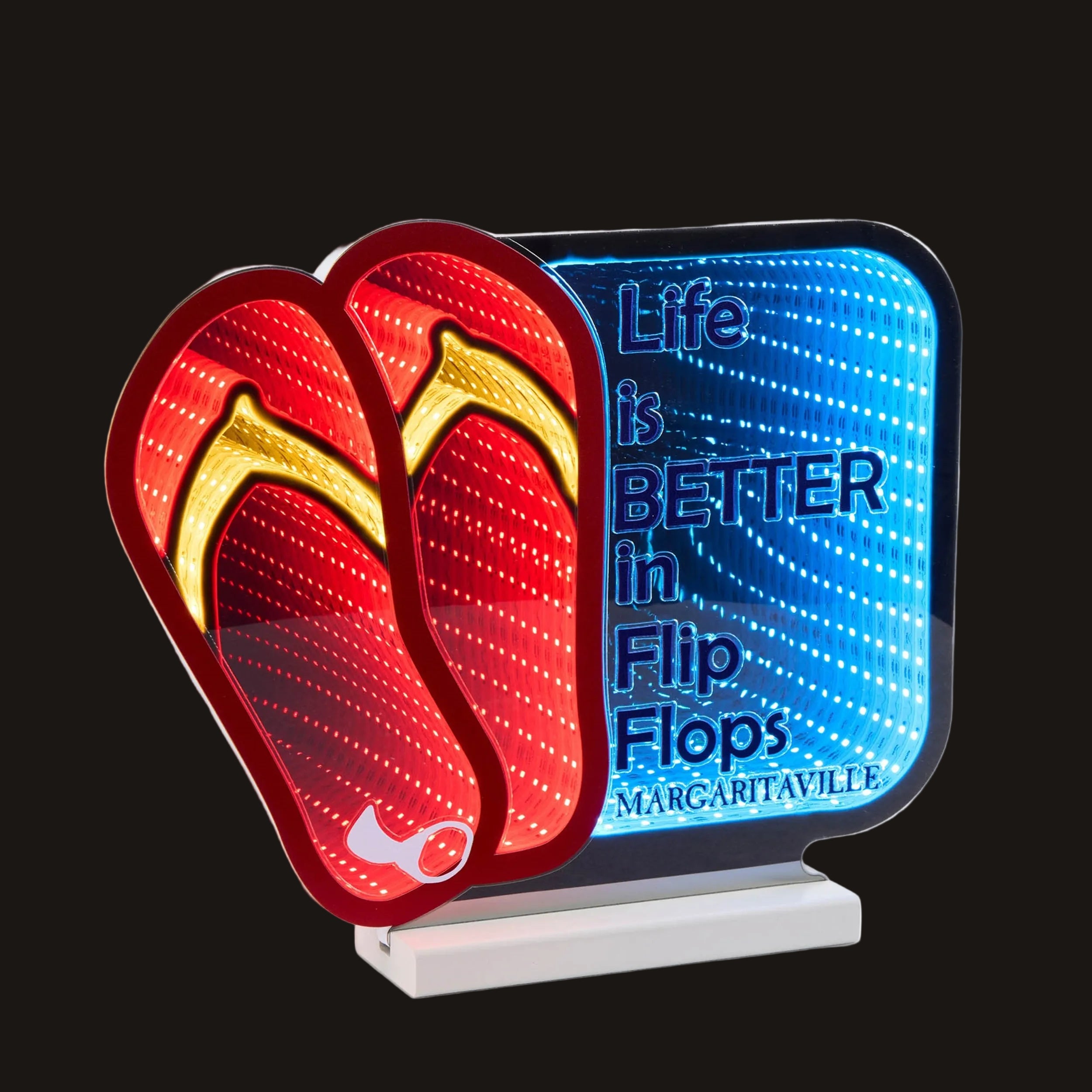 LED sign with red flip-flops and 'Life is Better in Flip Flops' text, featuring Margaritaville branding.